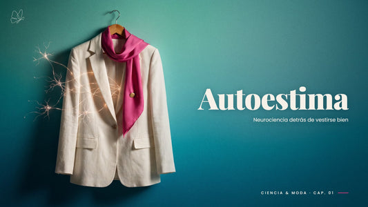 Blazer blanco roto con pañuelo fucsia y destellos de neuronas sobre fondo turquesa