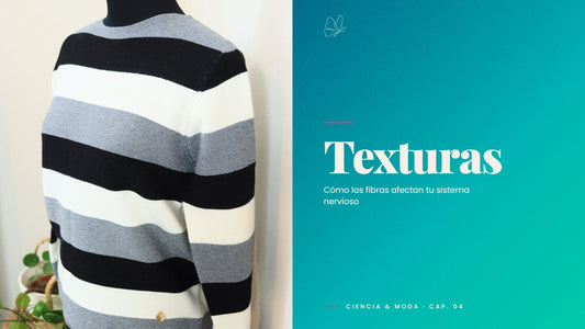 Detalle de tejido de sweater a rayas blanco, gris y negro